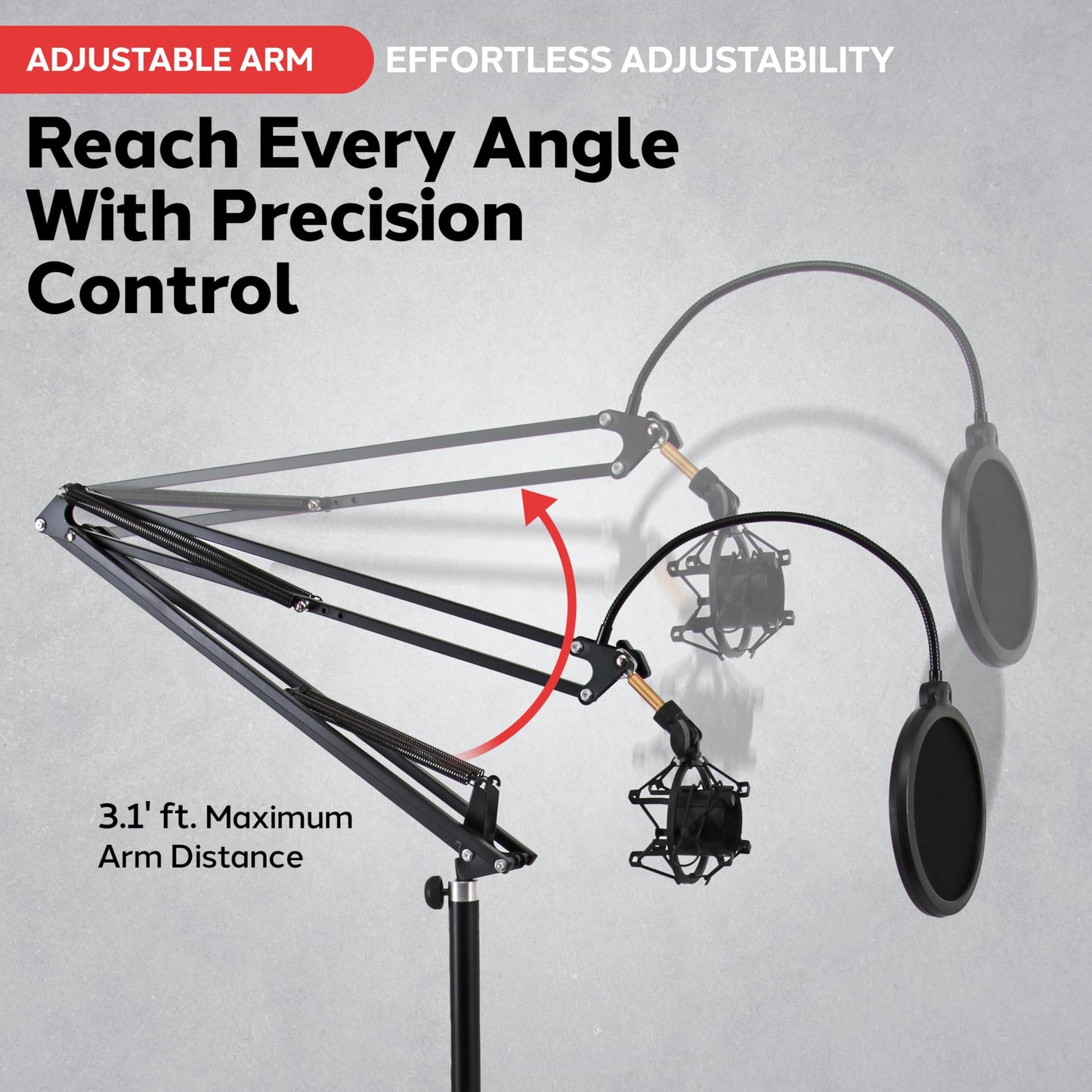 Pyle Microphone Boom Suspension Stand - Scissor Arm Mic Mount w/Shock Mount, Integrated Pop Filter, 3.1' ft. Max Extension, Suitable for Podcast