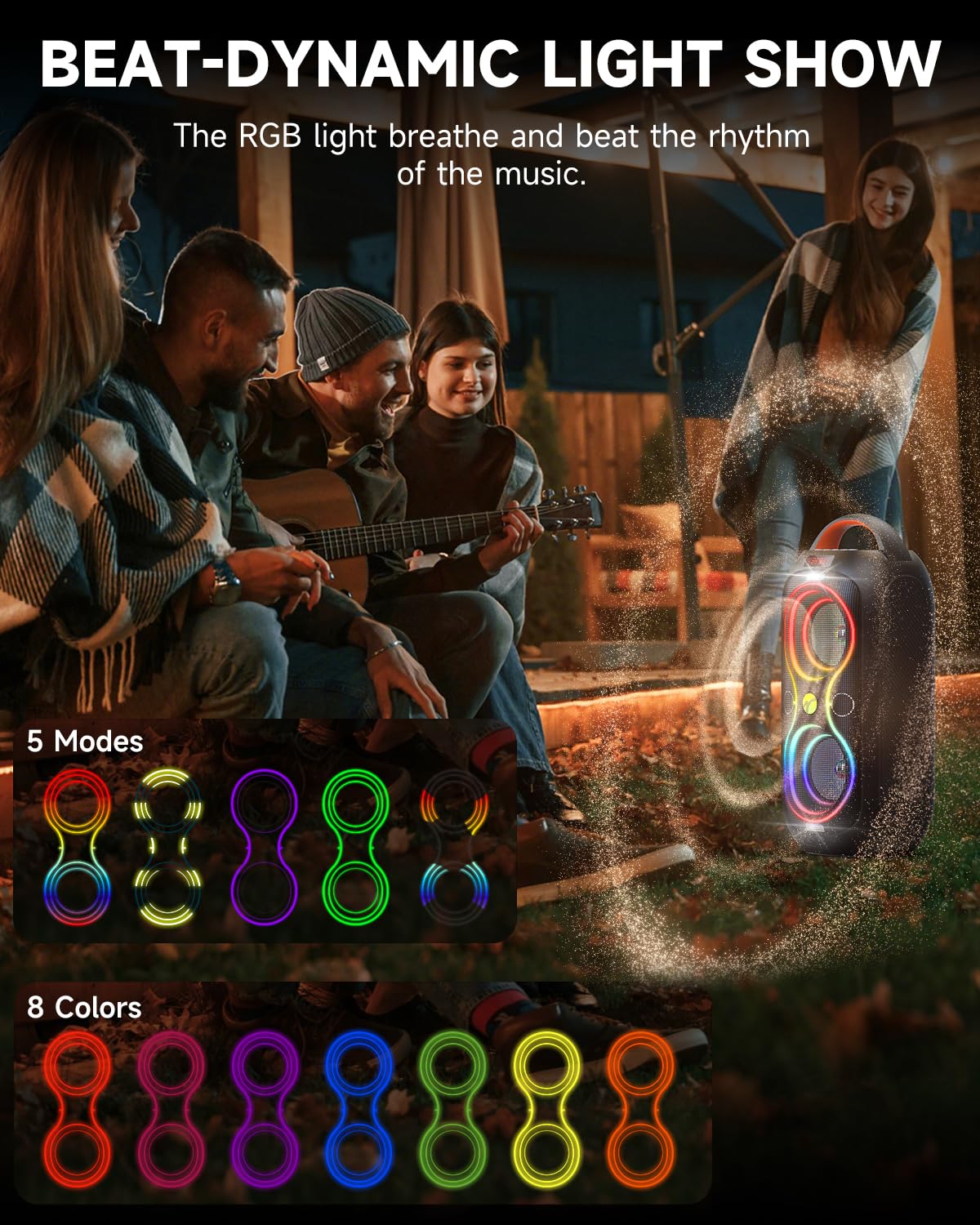 Wireless TWS Portable Bluetooth Speaker, Beat-Driven Lights, 120dB Loud Stereo Party Speaker with Bluetooth 5.3, USB/TF/AUX/FM/Mic, Built-in Carry