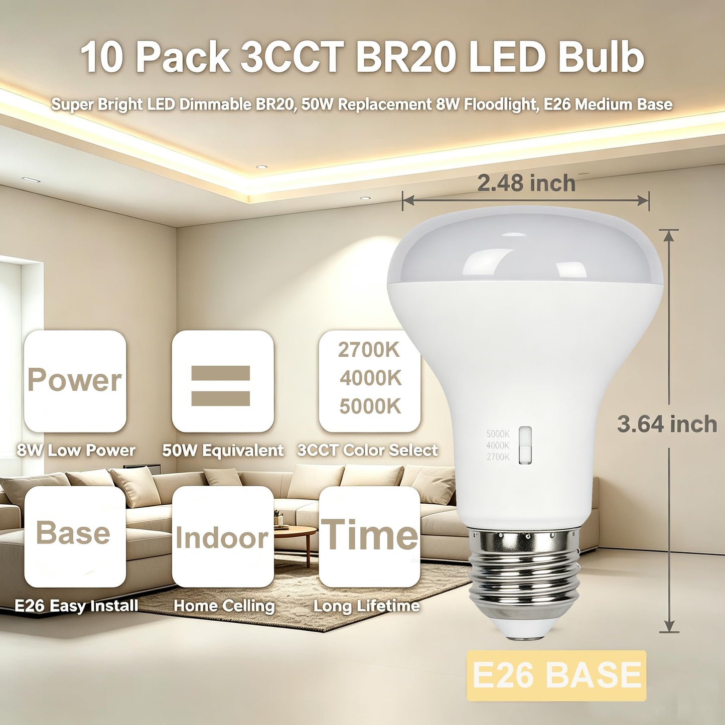 yayutelight 10 Pack 3CCT BR20 LED Bulb, Warm White 2700K LED Dimmable 4000K 5000K BR20 50 Watt 60W Replacement 8W Floodlight LED Bulbs Medium Base