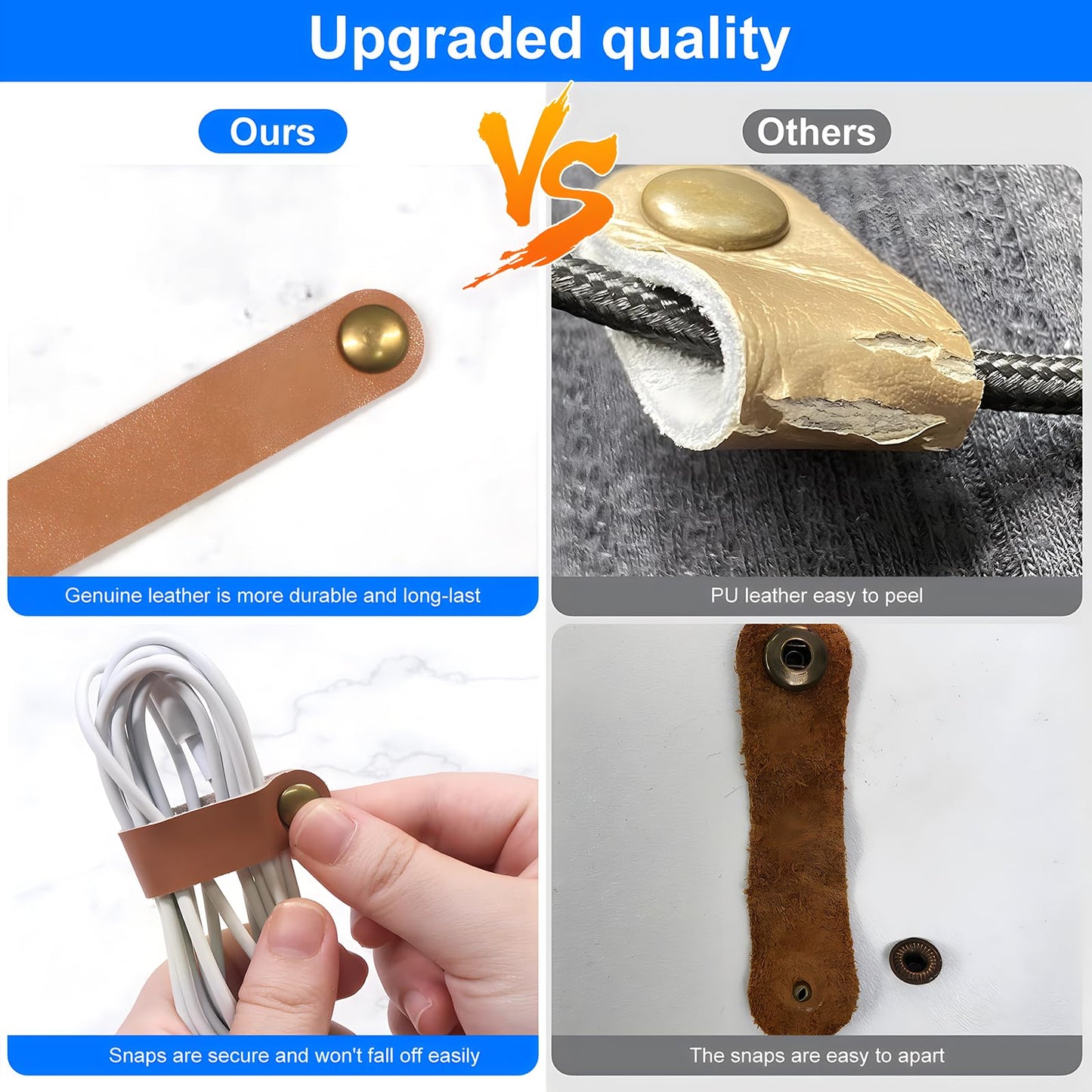 Coideal Leather Cable Ties Organizer, 20 Pcs Earphone Cable Straps Reusable USB Cord Keeper with Snap Cord Clips Holder for Phone (Short + Long