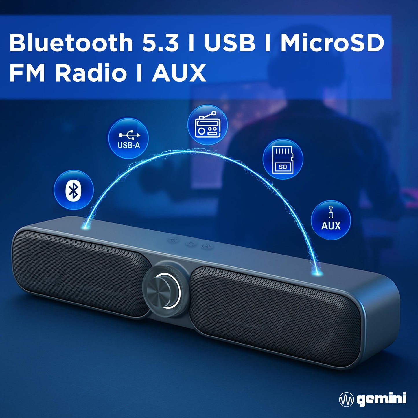 Gemini Portable Battery-Powered Bluetooth Soundbar with Built-in FM Radio, USB & microSD - Wireless Speaker for Gaming, Desk, TV & Bedroom (GSBR-20)