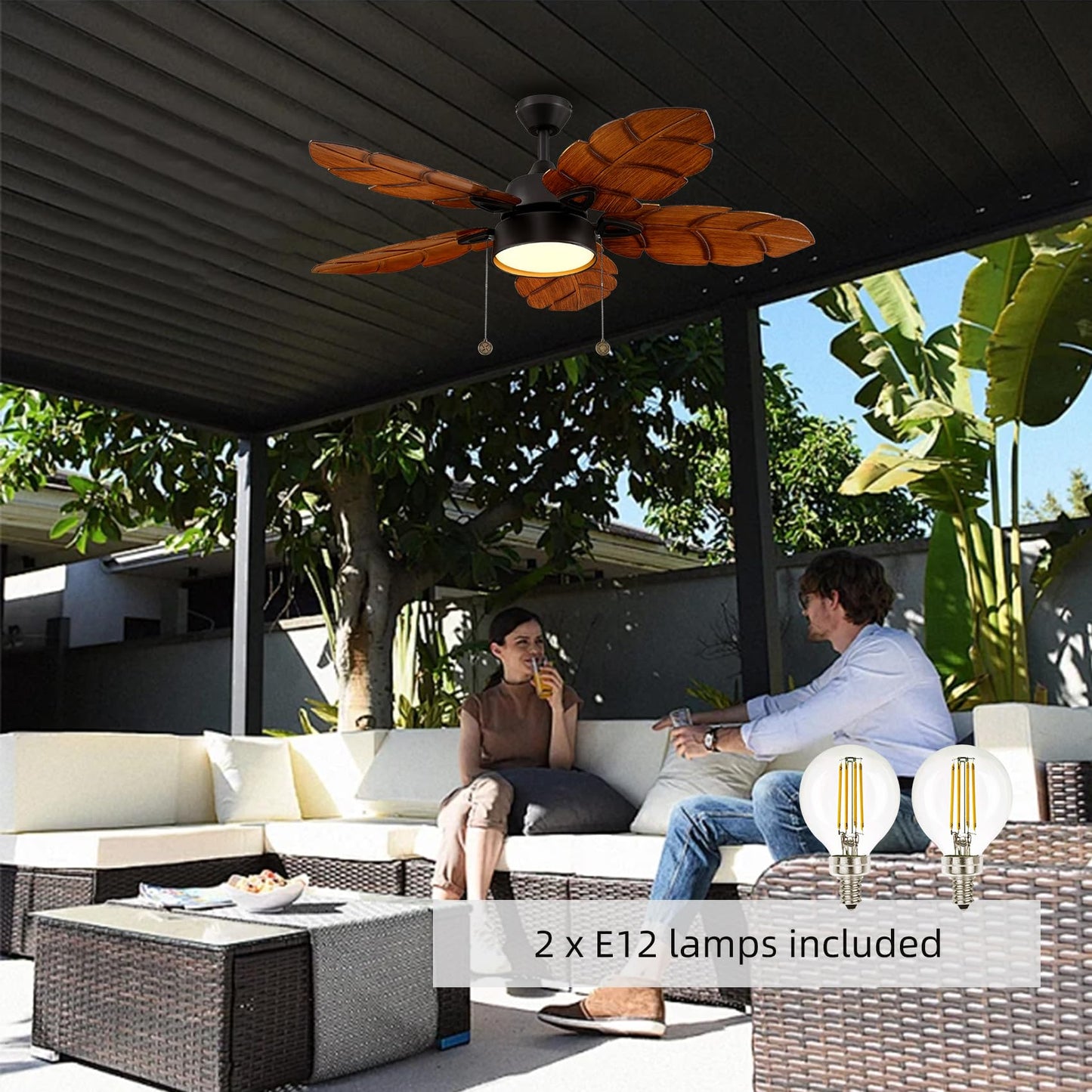 senroyal 52 Inch Tropical Ceiling Fan with Light, Pull Chain, Palm Leaf Indoor Outdoor Ceiling Fan with Light for Patio, Living Room, Reversible Fan