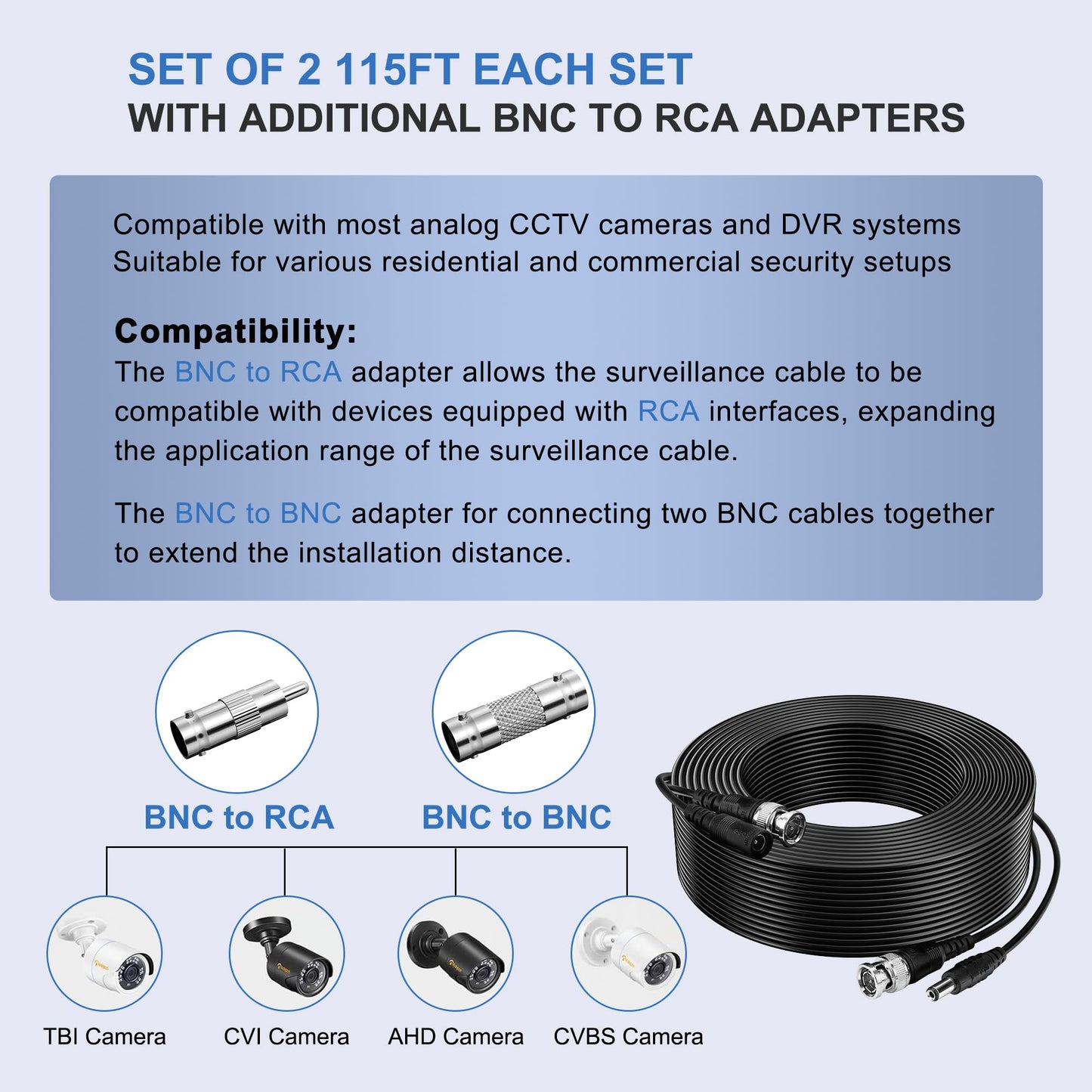 Flashmen 2PK 115Ft Security Camera Cable - All-in-One HD Video Power Cable for DVR & Monitor with BNC Connectors
