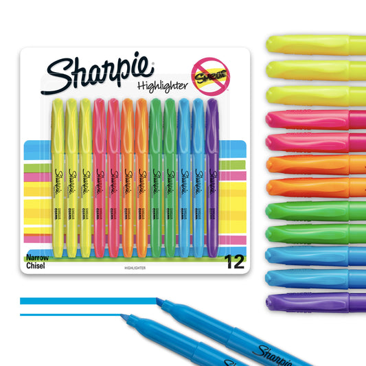 Sharpie Pocket Highlighters, Chisel Tip, Quick Dry, Assorted Fluorescent Colors, 12 Count - For Studying, Note-Taking, School, College, Office