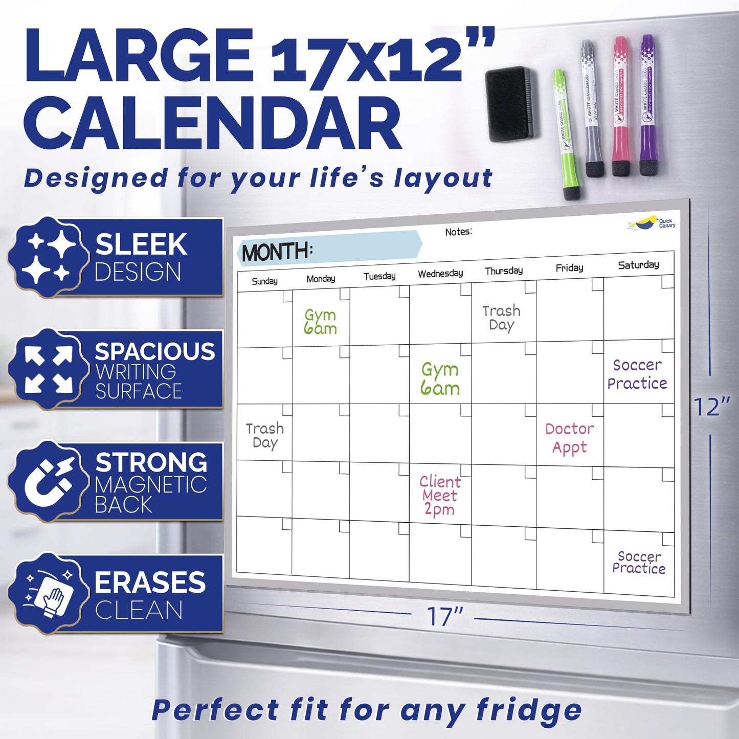Monthly Magnetic Calendar for Refrigerator, 17x12"