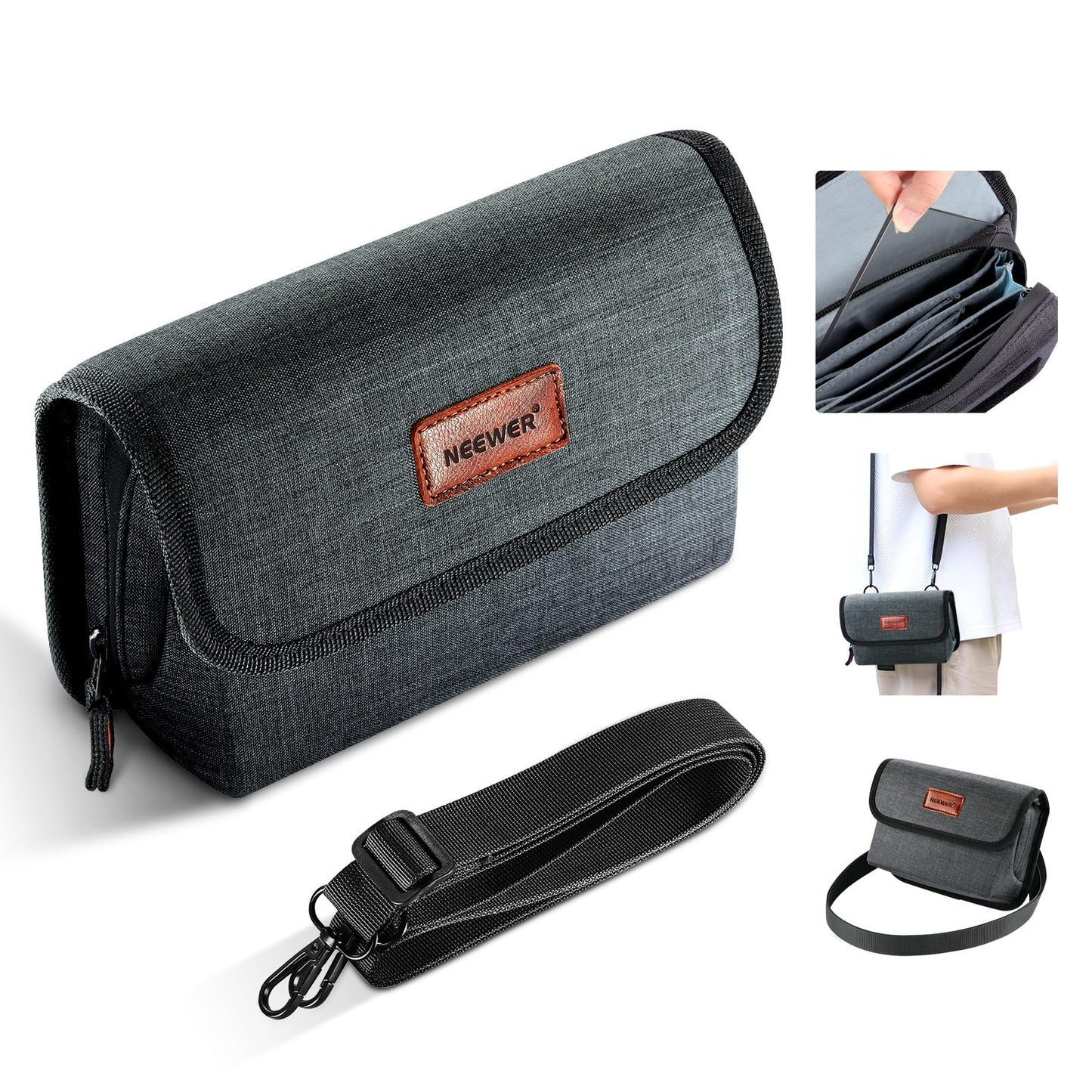 NEEWER Camera Lens Filter Case with Water Resistant Hard Shell, 6 Soft Pockets, Shoulder Strap, Pro Photography Filter Bag Storage Pouch for 4''x 4''