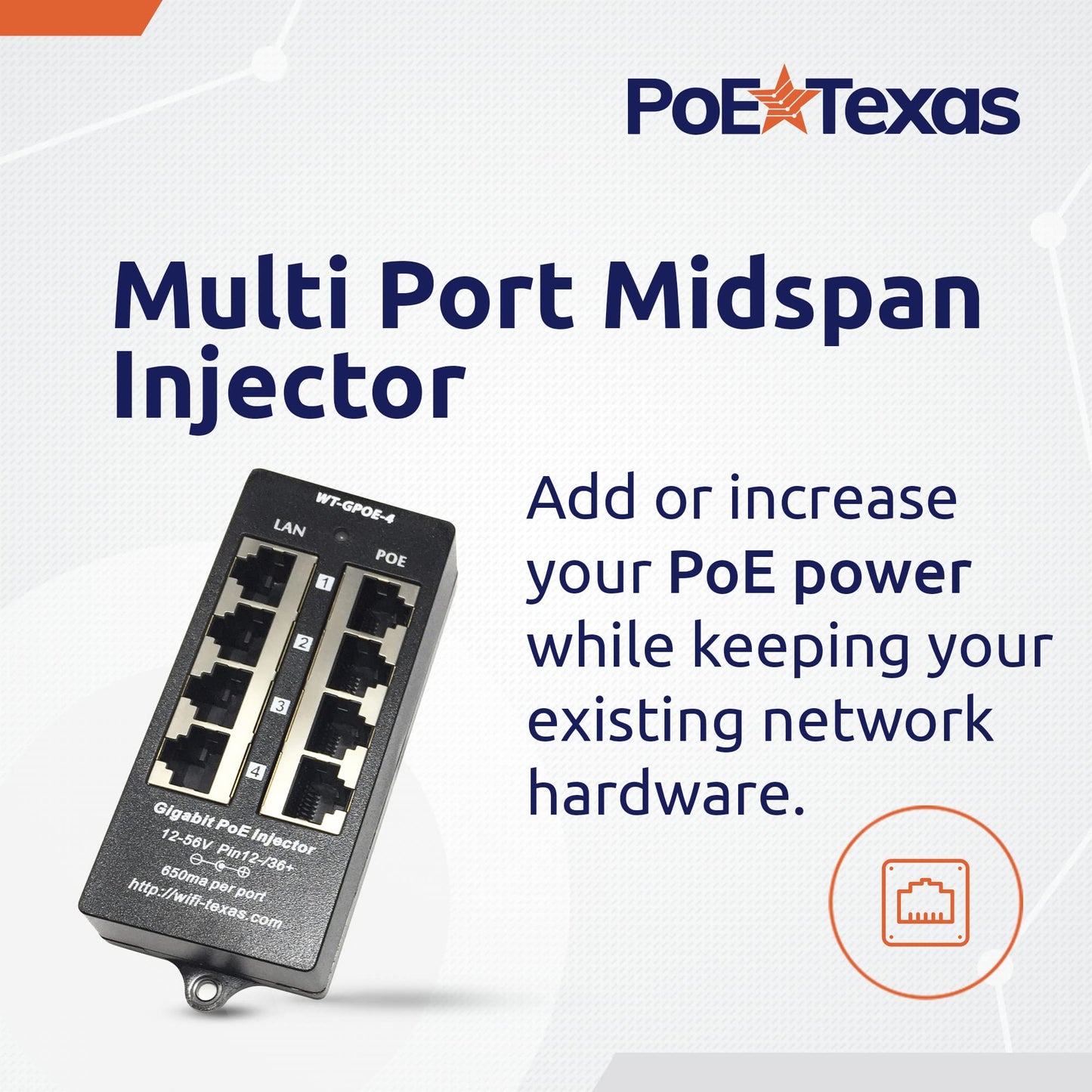 PoE Texas 4 Port PoE Injector - Gigabit Passive Power Over Ethernet with 48V 48W UL Power Supply - 802.3af PoE Injector for VoiP Phones, WiFi Access