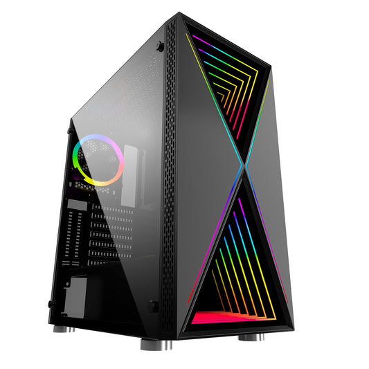 Bgears b-BlackWidow-RGB Black Gaming PC ATX case, Special Ripple Effect Front Panel, Tempered Glass Side. 2 x USB3.0, 3 x PWM 120mm ARGB Fans, Fan