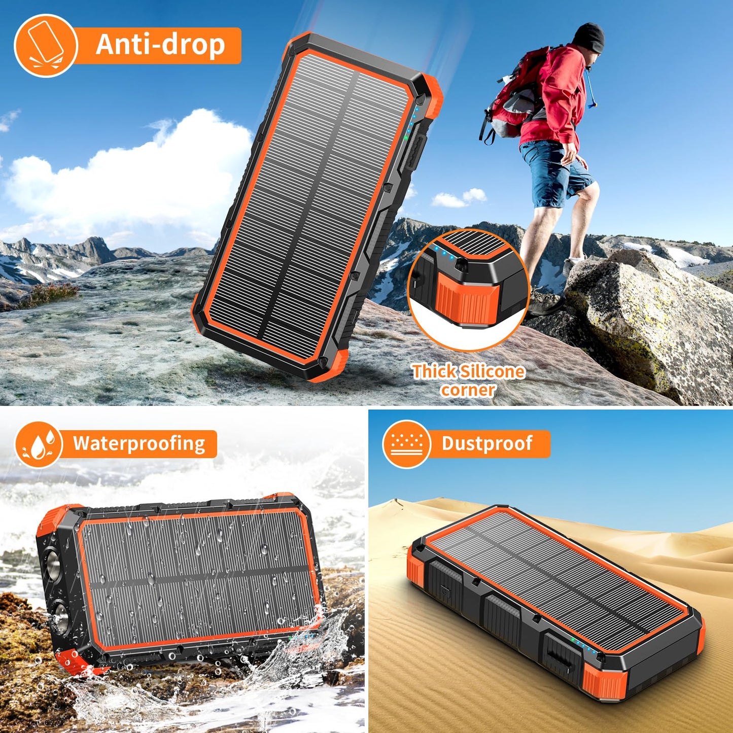 Solar Charger Power Bank 20000mAh Wireless Charger QC 3.0 Fast Charging Power Bank 8 Outputs 4 Inputs Solar Portable Charger Compatible with All