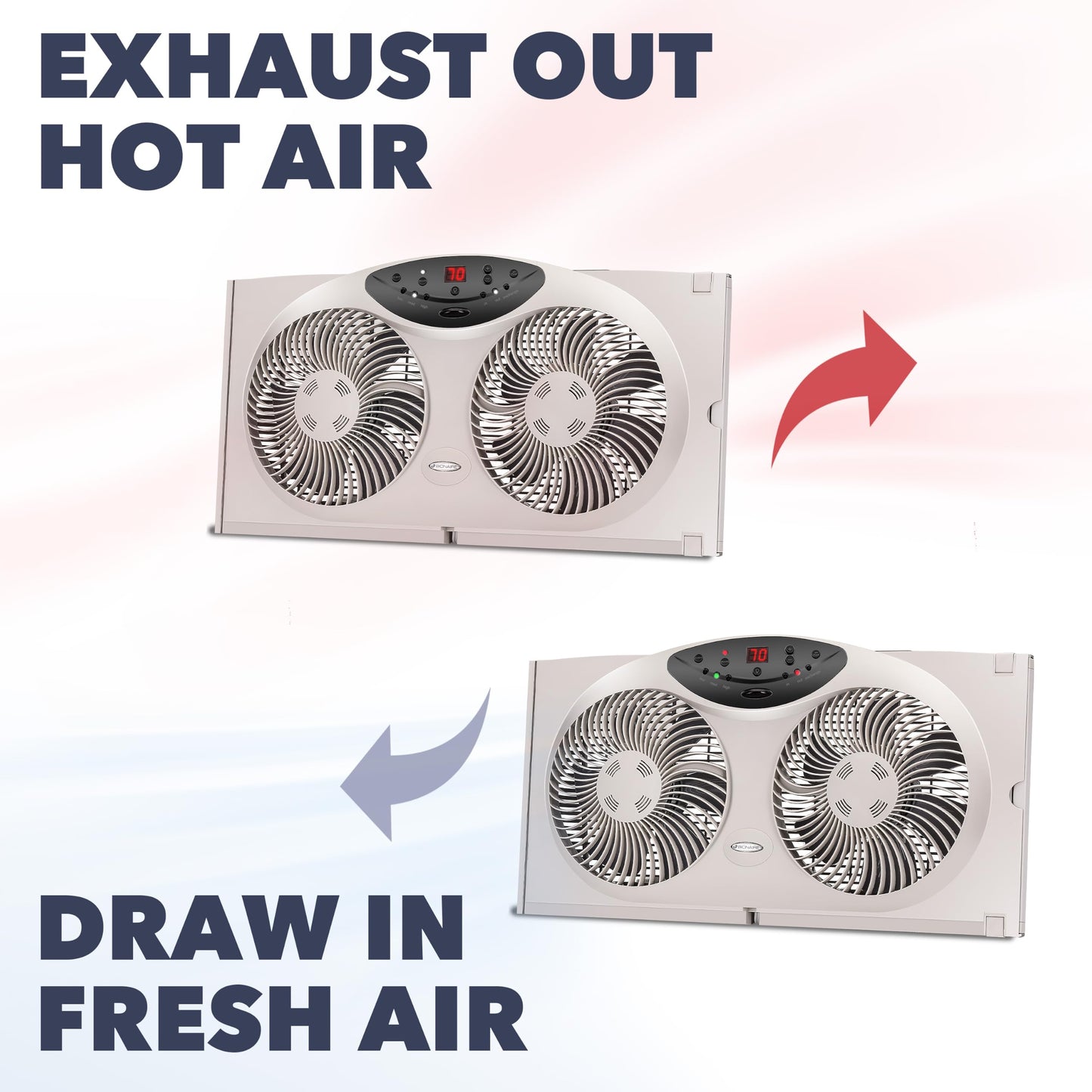 Bionaire Window Fan with Reversible Airflow Blades - 3-Speed Settings, Programmable Thermostat, LED Display, Remote Control, Fits 24-36" Windows, No