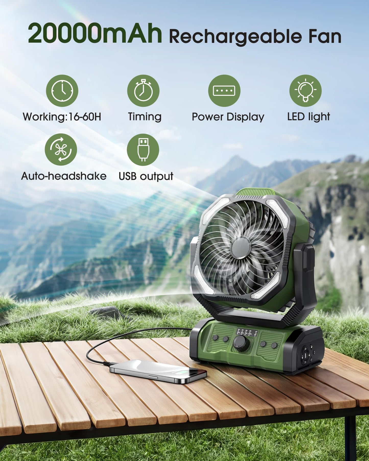 Portable Rechargeable Camping Fan 20000mAh Cordless Battery Powered Fans