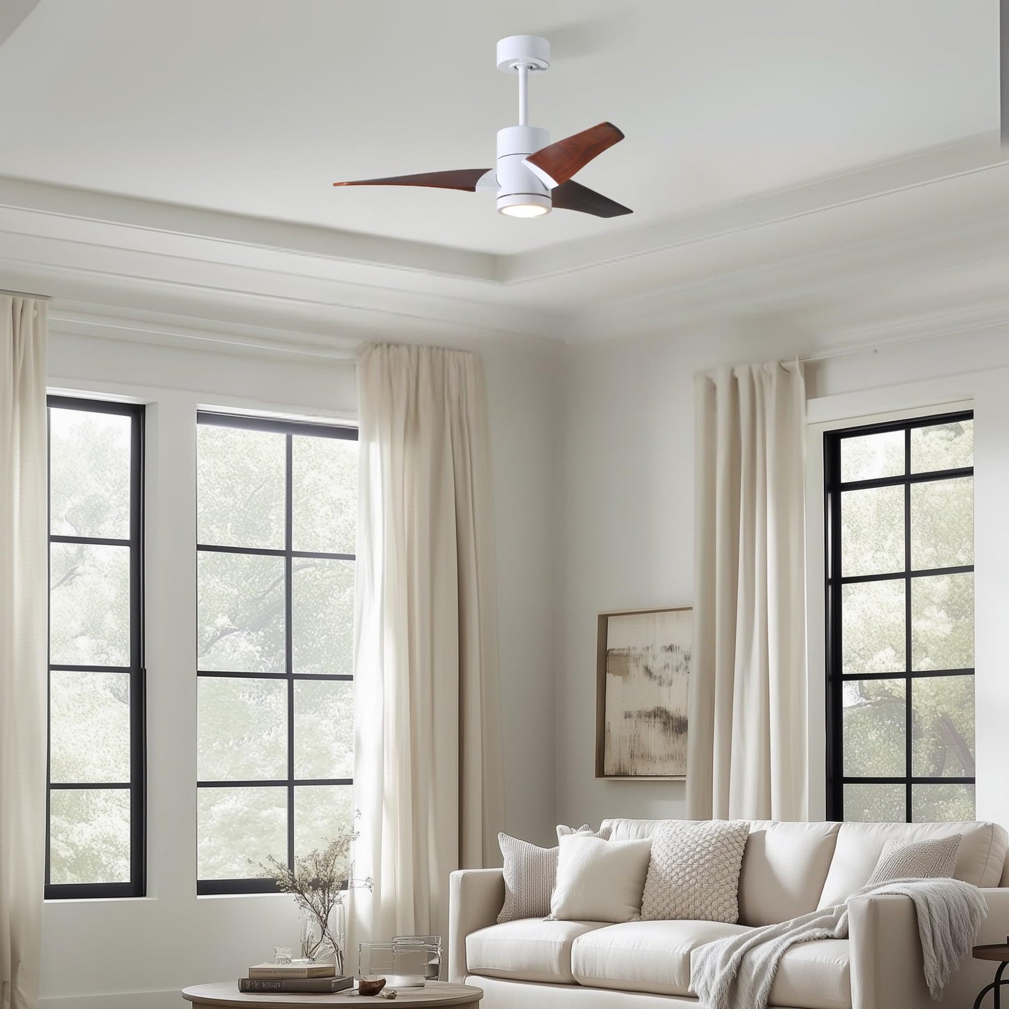 Matthews SJ-WH-WN-42 Super Janet Damp Rated 42" Ceiling Fan with LED Light and Remote & Wall Control, Silent DC Motor, 3 Solid Wood Blades, Gloss