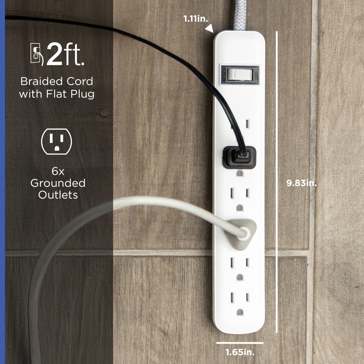 GE 6-Outlet Surge Protector Power Strip 2-Pack, 2ft Braided Extension Cord, 245J Protection, Flat Plug, Wall Mount, Circuit Breaker, ETL Certified