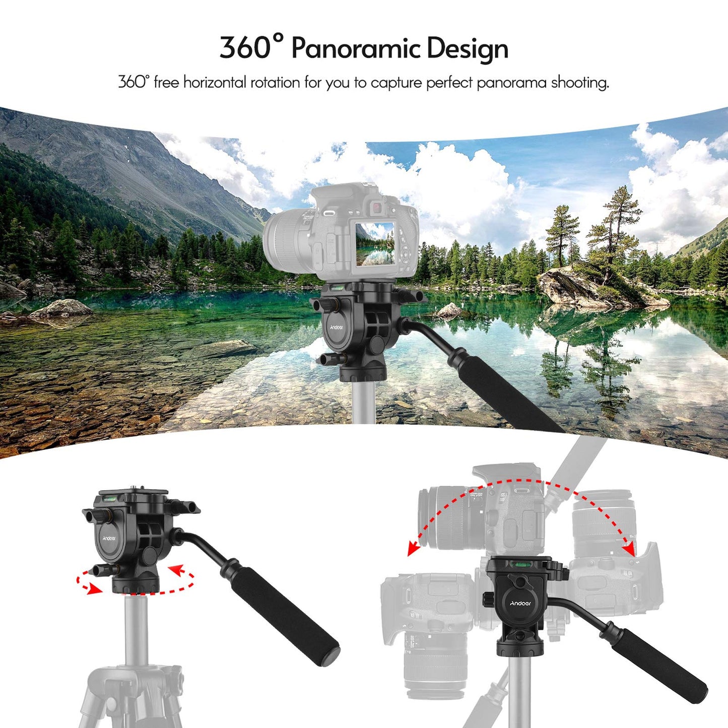 Andoer Fluid Ball Head Panoramic 360° Rotation Ball Head Max. Load 5kg/11 lbs with Handle for 1/4 inch Screw Camera Camcorder and 3/8 inch Monopod