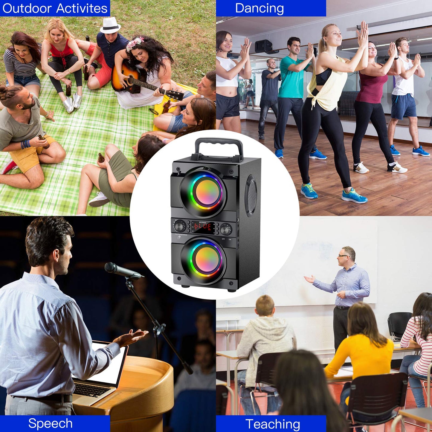 60W (80W Peak) Portable Bluetooth Speaker with Double Subwoofer Heavy Bass, Bluetooth 5.0 Wireless 100ft Outdoor Speaker, Support FM Radio, LED