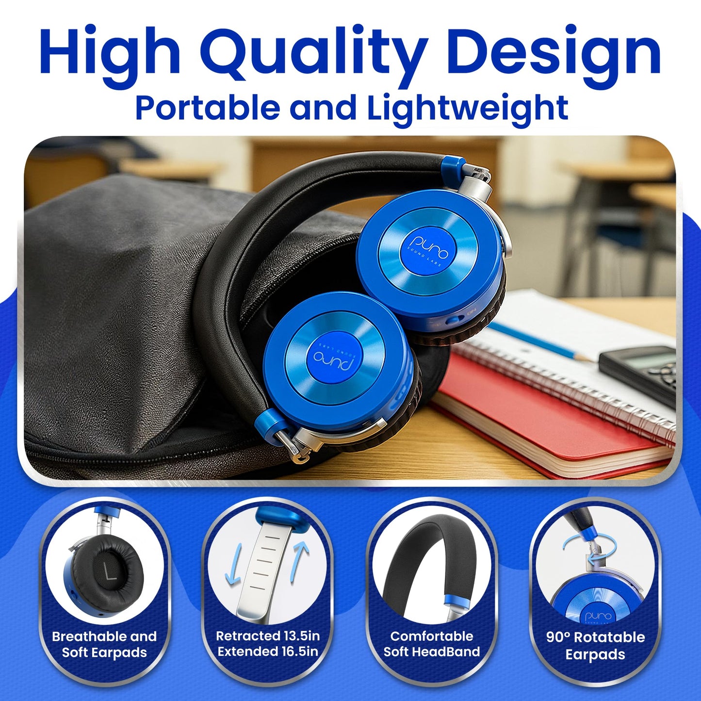 Puro Sound Labs JuniorJam Plus Volume-Limiting Wireless Bluetooth Headphones for Kids, Secure Audio with Adjustable On-Ear Design, 22-Hour Battery