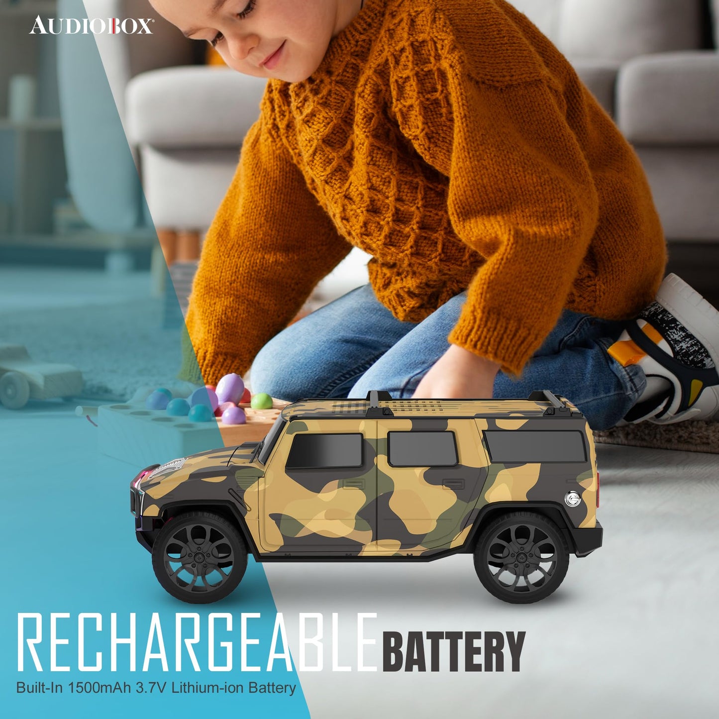 Audiobox Bluetooth Truck Speaker - Portable Hummer-Style Car Speaker with Moving Wheels, LED Headlights & Taillights, FM Radio, USB, TF, AUX Inputs
