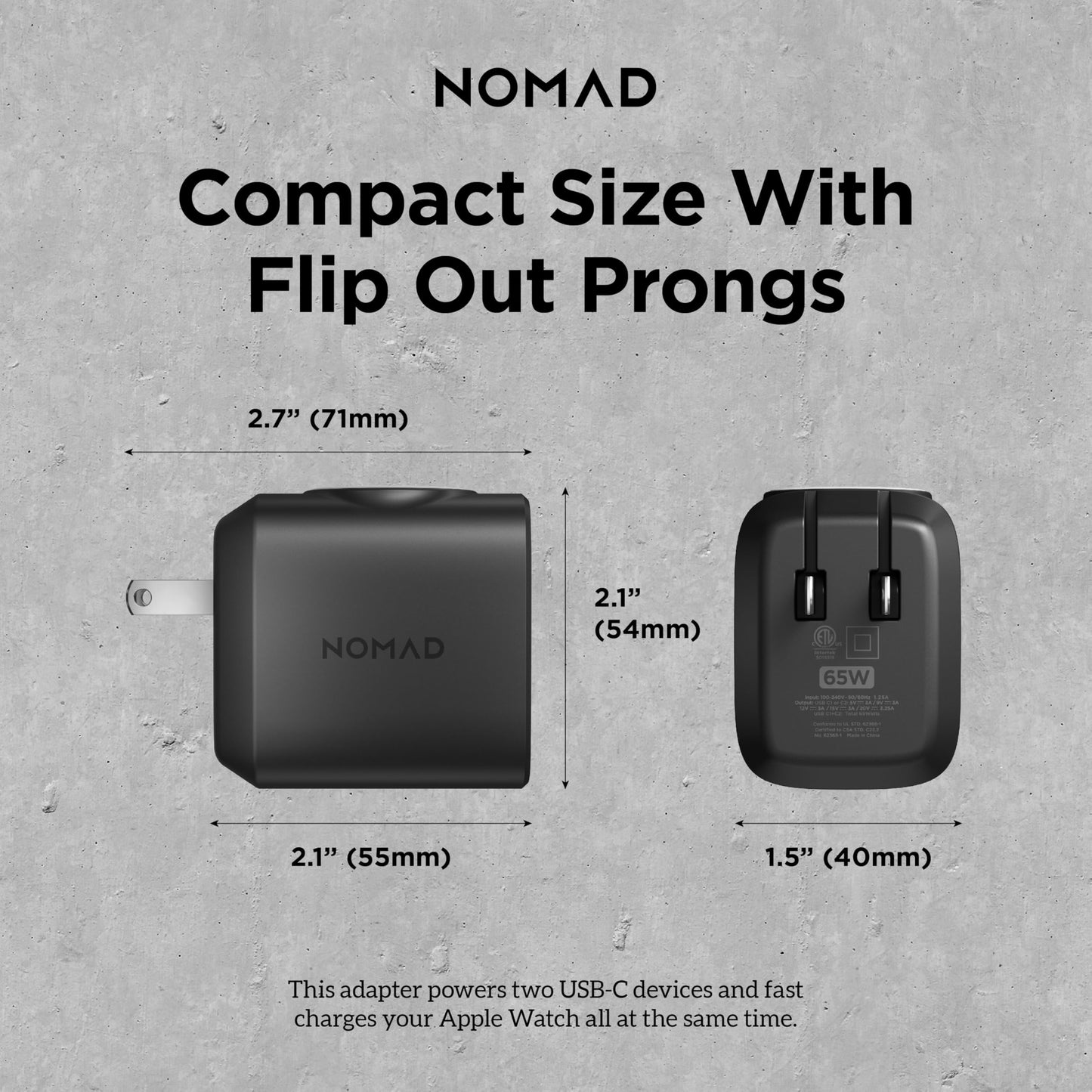 AC Adapter 3 in 1 Charging Solution - 65W Apple Watch Ultra 2 Charger Edition with Dual USB C Cable Ports, Fast Charge Ports and MFi Fast Charger