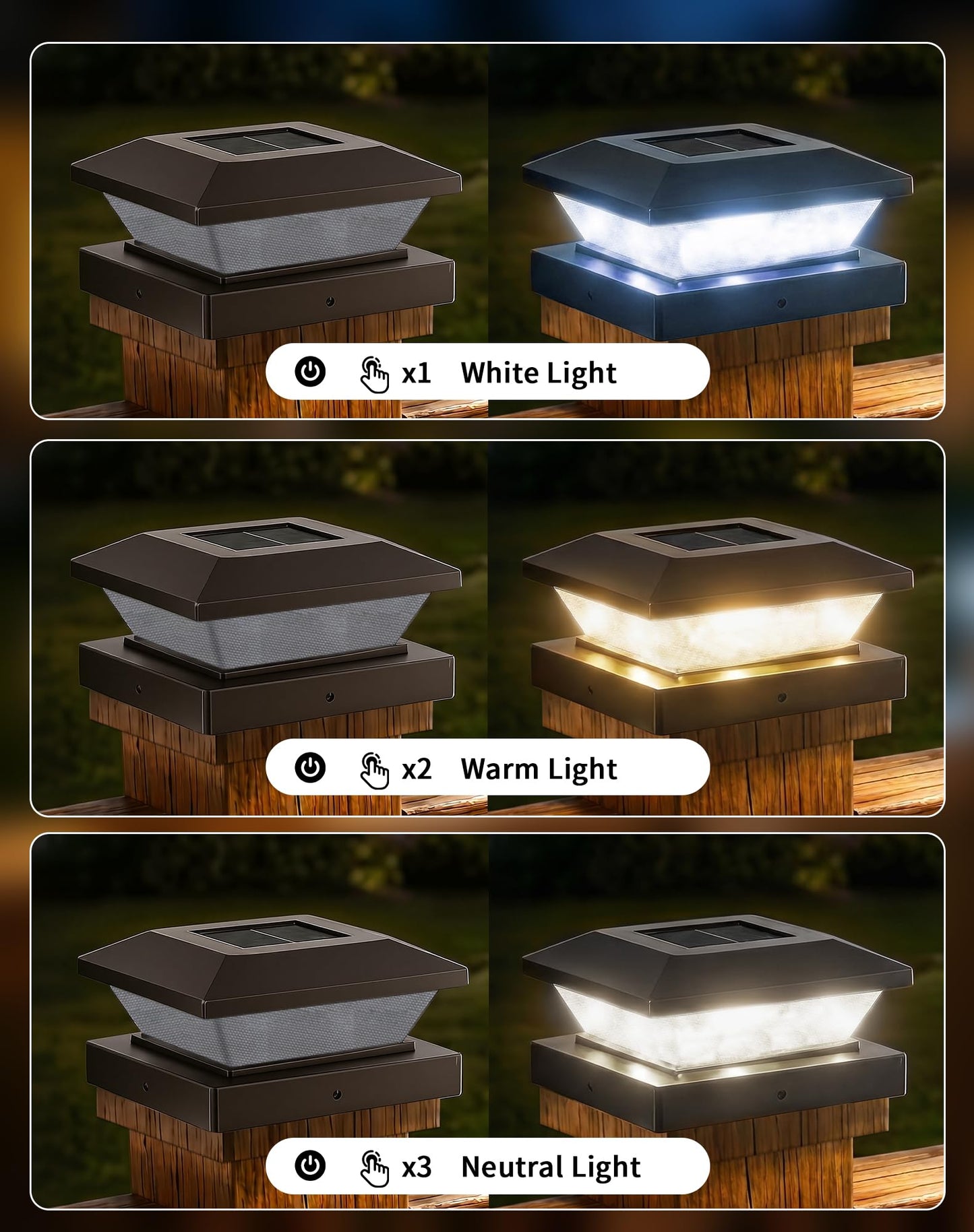 4x4-Solar-Post-Cap-Lights-Outdoor 12 Pack Solar Powered Fence Post Lights 3 Lighting Modes Deck Postcap Light for 3.5x3.5 4x4 Wood/Vinyl Posts LED
