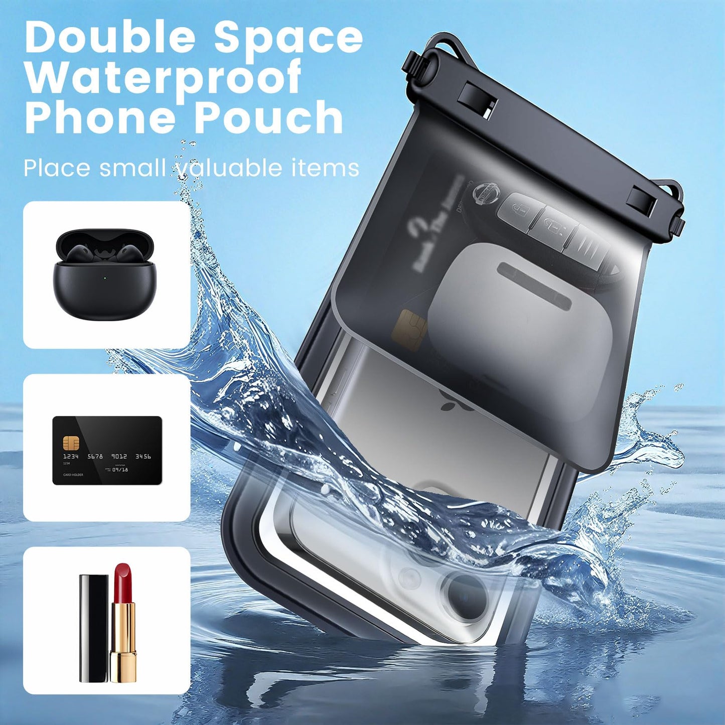 Rynapac IPX8 Waterproof Phone Pouch 2 Pack, [Up to 8.5''] Double Space Waterproof Phone Case with Lanyard for iPhone 17 16 15 14 Pro Max, Cellphone
