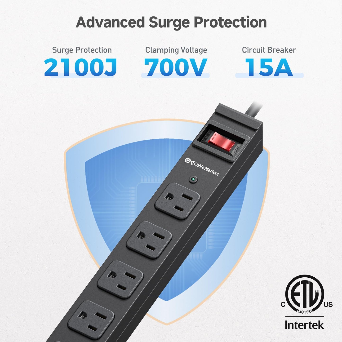 [ETL Certified] Cable Matters Wall-Mountable 8 Outlet Power Strip - 8ft Cord, Metal, 2100J Surge Protector with 15A Circuit Breaker, Industrial Power
