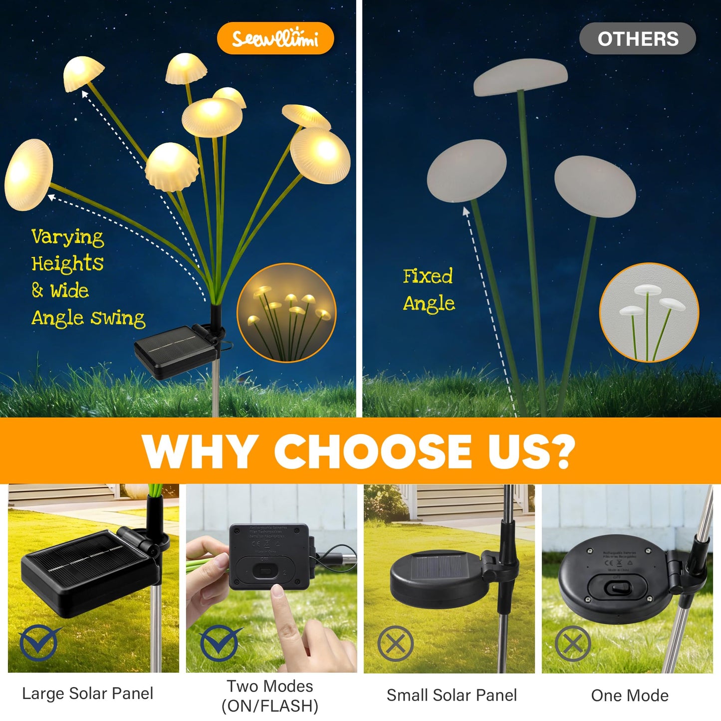 SEEWELUMI Solar Garden Lights Outdoor, 2Pack Solar Lights Garden Decor, Swaying Mushroom Lights Waterproof for Yard, Patio,Pathway Decoration,Gifts