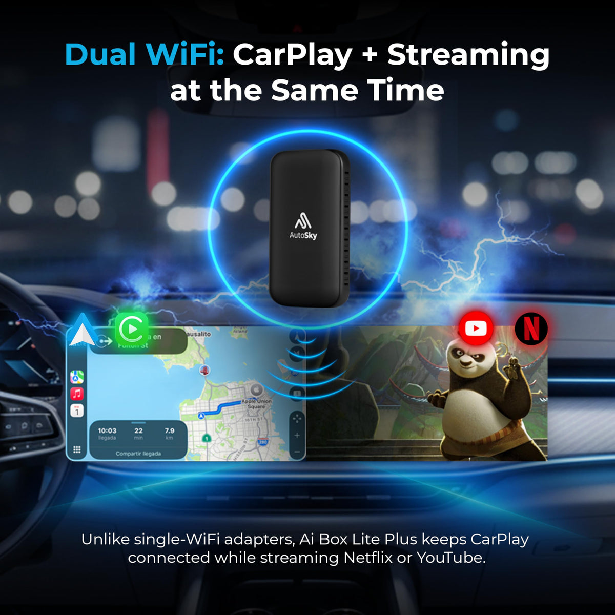 AUTOSKY LITE Box Dual Plus 2026 - Wireless CarPlay & Android Auto Adapter - Dual WiFi Module - Netflix & YouTube Support - Stable Connection, No Reconnect Needed