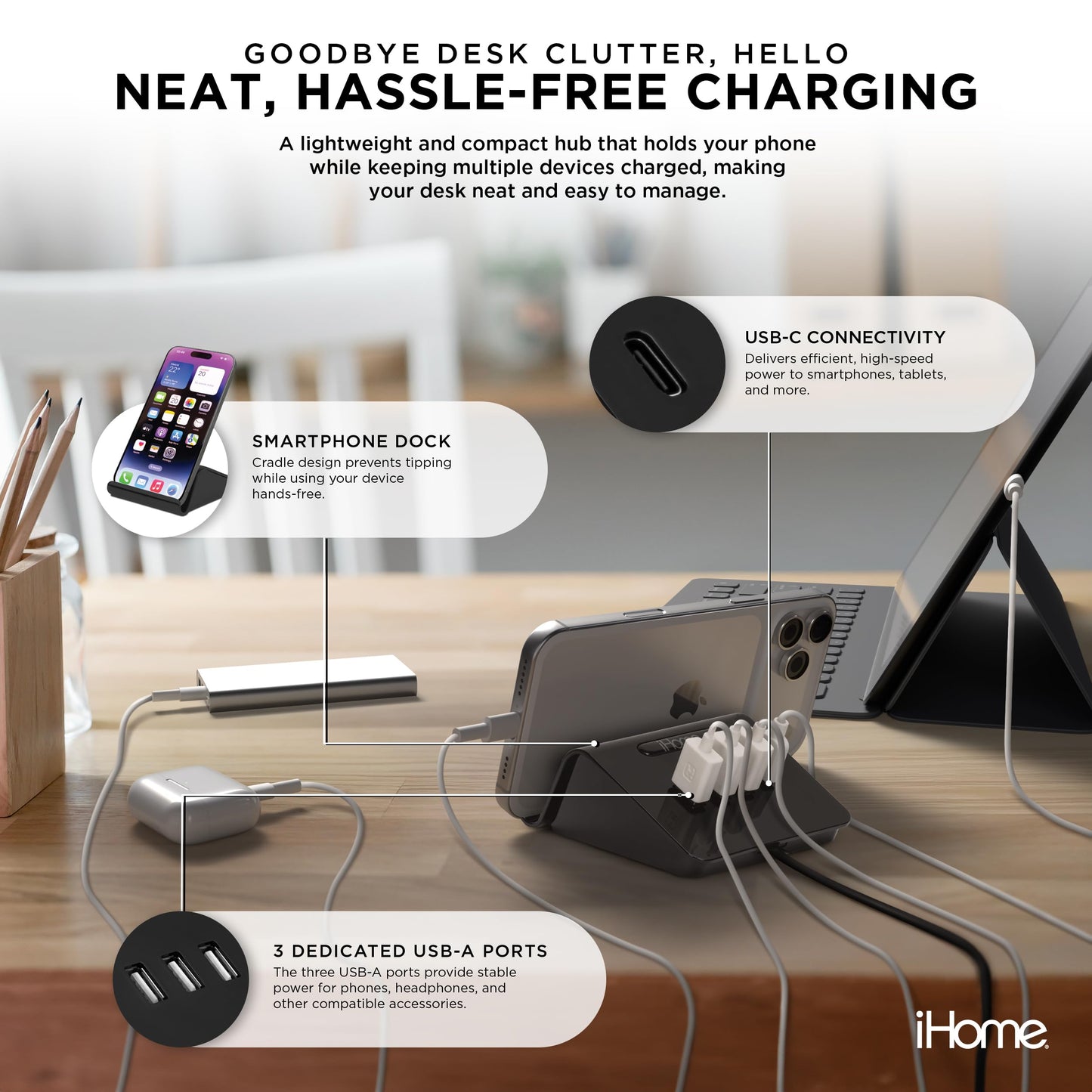 iHome 4 Port USB Charging Hub, 3 USB-A, 1 USB-C, Smartphone Dock, 6ft Power Cord, Lightweight & Portable