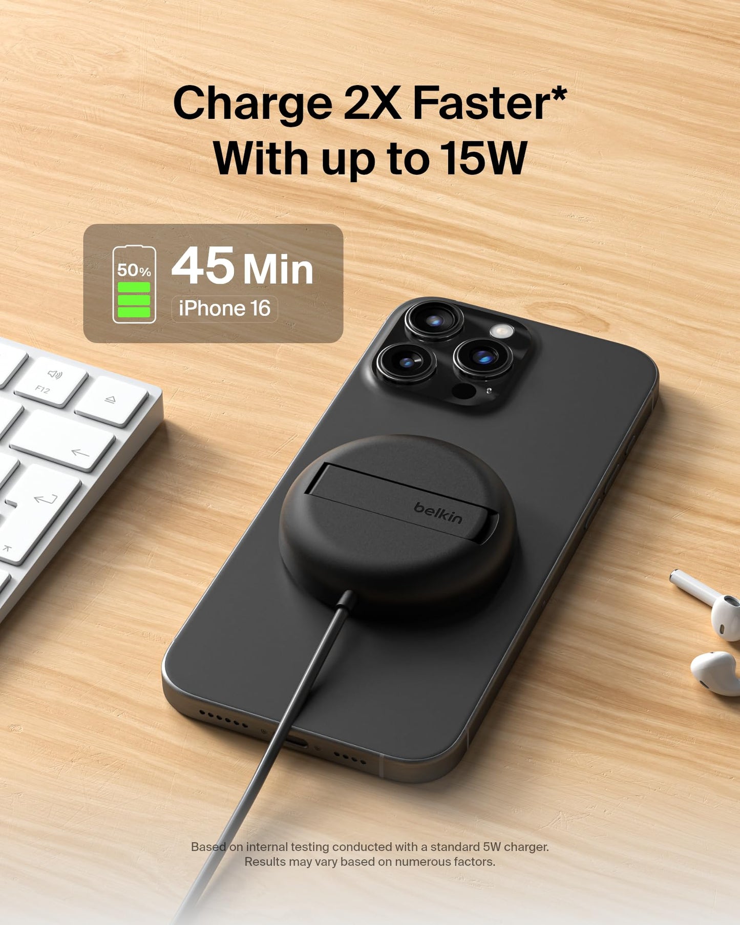 Belkin Magnetic Wireless Charging Pad Qi2 15W w/Kickstand - MagSafe-Compatible Qi2-Certified Wireless Charger for iPhone 17 Series, Samsung Galaxy S25