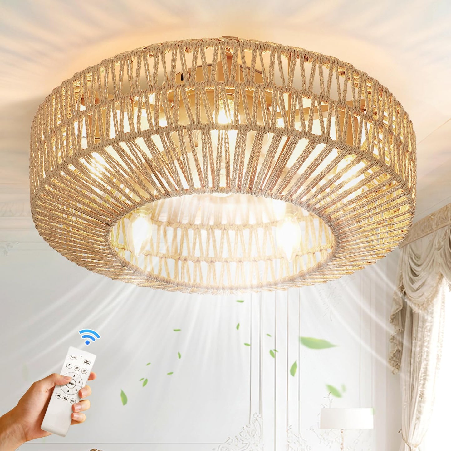 DRAWNCAT 20 Inch Boho Low Profile Ceiling Fan with Soft Yellow Light, Handwoven Rattan & Hemp Design, Remote Control Fandelier - Includes 5+1 LED