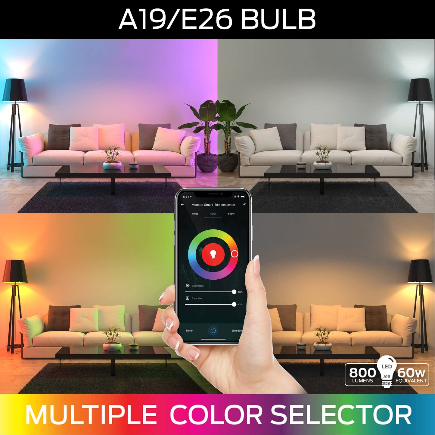 Monster Multi-Color and Warm-White LED Light Bulb, 16,000,000 Lighting Possibilities, Customizable with App, Compatible with Alexa/Siri/Google