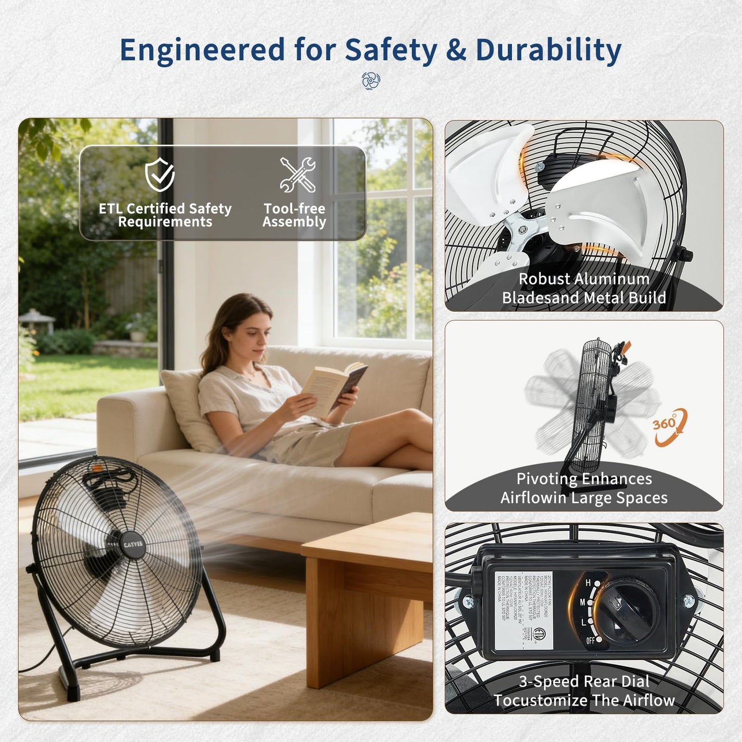Garvee 18 Inch Floor Fan, 3 Speeds 3300 CFM High Velocity Heavy Duty Industrial Fan, 360° Adjustable Tilt & Carry Handle, 26.2 ft/s Airflow Metal Fan
