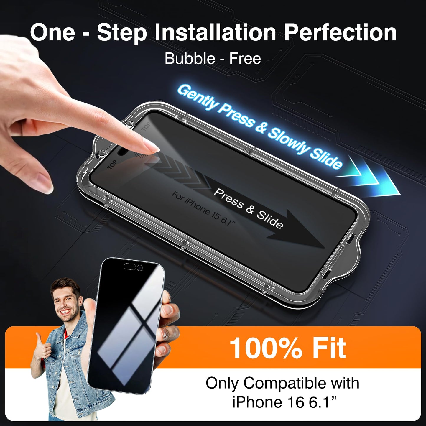EZ-GLAZ 4-Pack Screen Protector for iPhone 15 6.1 inch Black Privacy with Flawless Fit Kit + 2-Pack Camera Lens Protector, 15-Second Bubble-Free