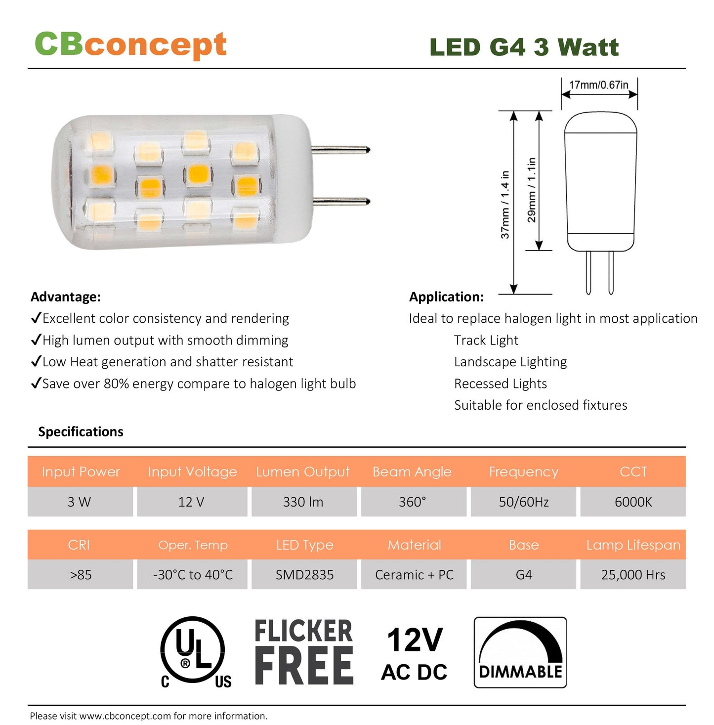 CBconcept UL Listed, G4 LED Light Bulb, 5 Pack, 3 Watt, Dimmable, 330 Lumen, Pure White 6000K, 360 degree Beam Angle, 12 Volt, 35W Equivalent, JC