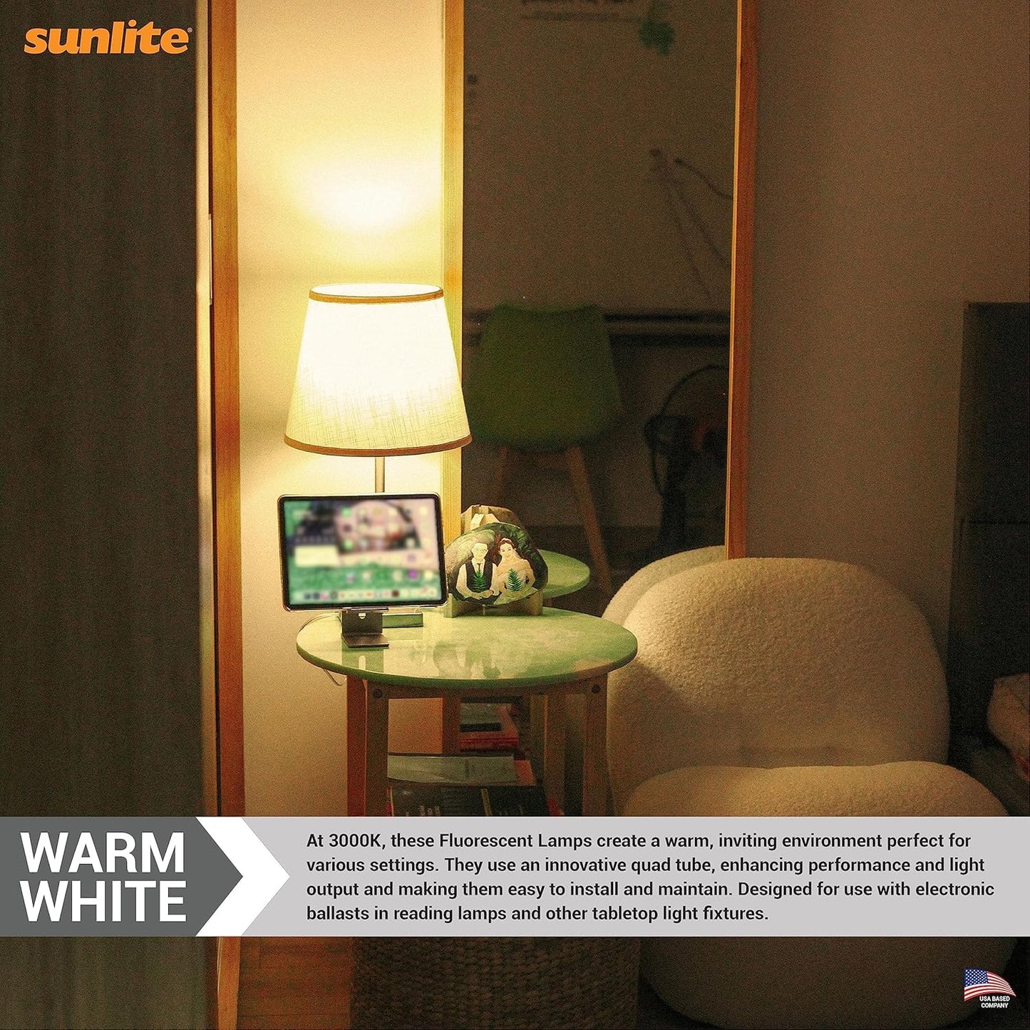 Sunlite FML27/30K Quad Tube Plug-in Compact Fluorescent Light Bulb, FML 4-Pin, 27 Watts, 1500 Lumens, 3000K Warm White, 4-Pin (GX10q4) Base, 120