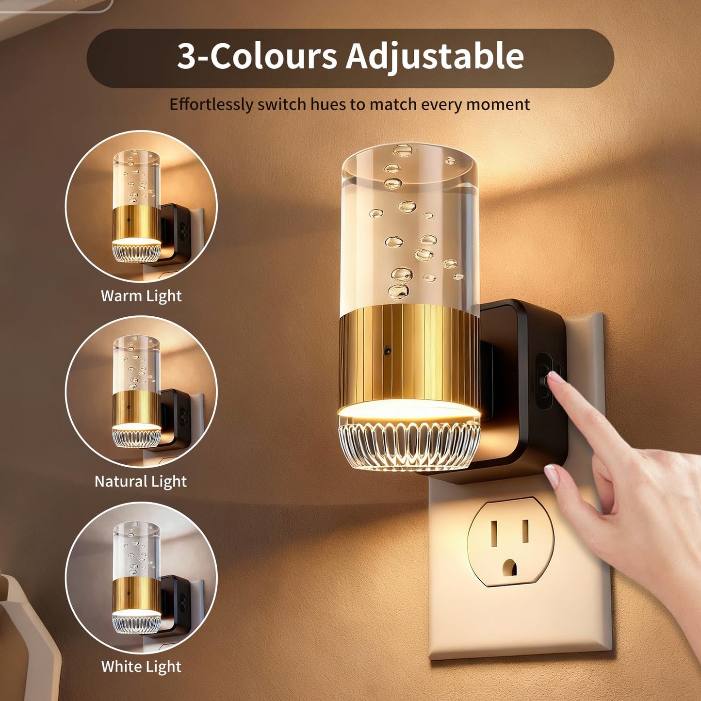 URLIGHTS Plug in Night Light with Dusk to Dawn Sensor, Adjustable 0-100LM LED Nightlight with 3 Color Temperatures, 180° Swivel, Acrylic Bubble Light