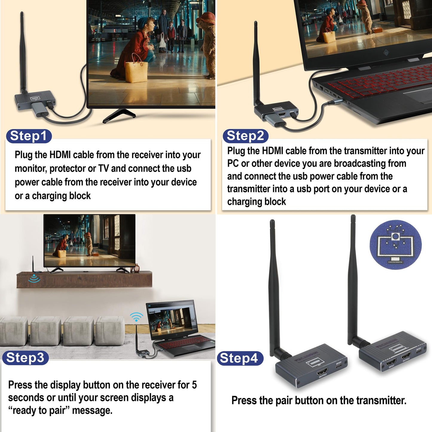 Wireless HDMI Transmitter and Receiver 655ft/200m 4K Decode 1080P/60HZ - 2.4G/5G Plug & Play Portable HDMI Wireless for Streaming Video and Audio