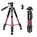 55" Tripod Q111 Travel Camera Tripod with 3-Way Pan Head and Phone Holder Mount for Gopro,Projector,Smartphones Webcam,Spotting Scopesto Live