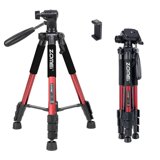 55" Tripod Q111 Travel Camera Tripod with 3-Way Pan Head and Phone Holder Mount for Gopro,Projector,Smartphones Webcam,Spotting Scopesto Live
