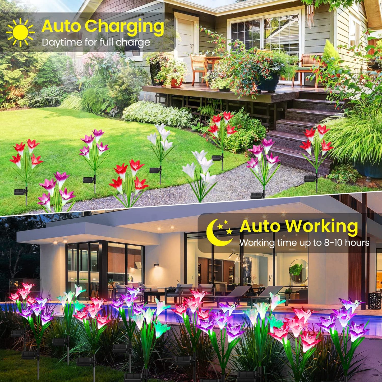 KOOPER Outdoor Solar Lights, 4 Pack Solar Garden Light with Bigger Lily Flowers, Waterproof 7 Color Changing Solar Lights Outdoor - Bigger Panel