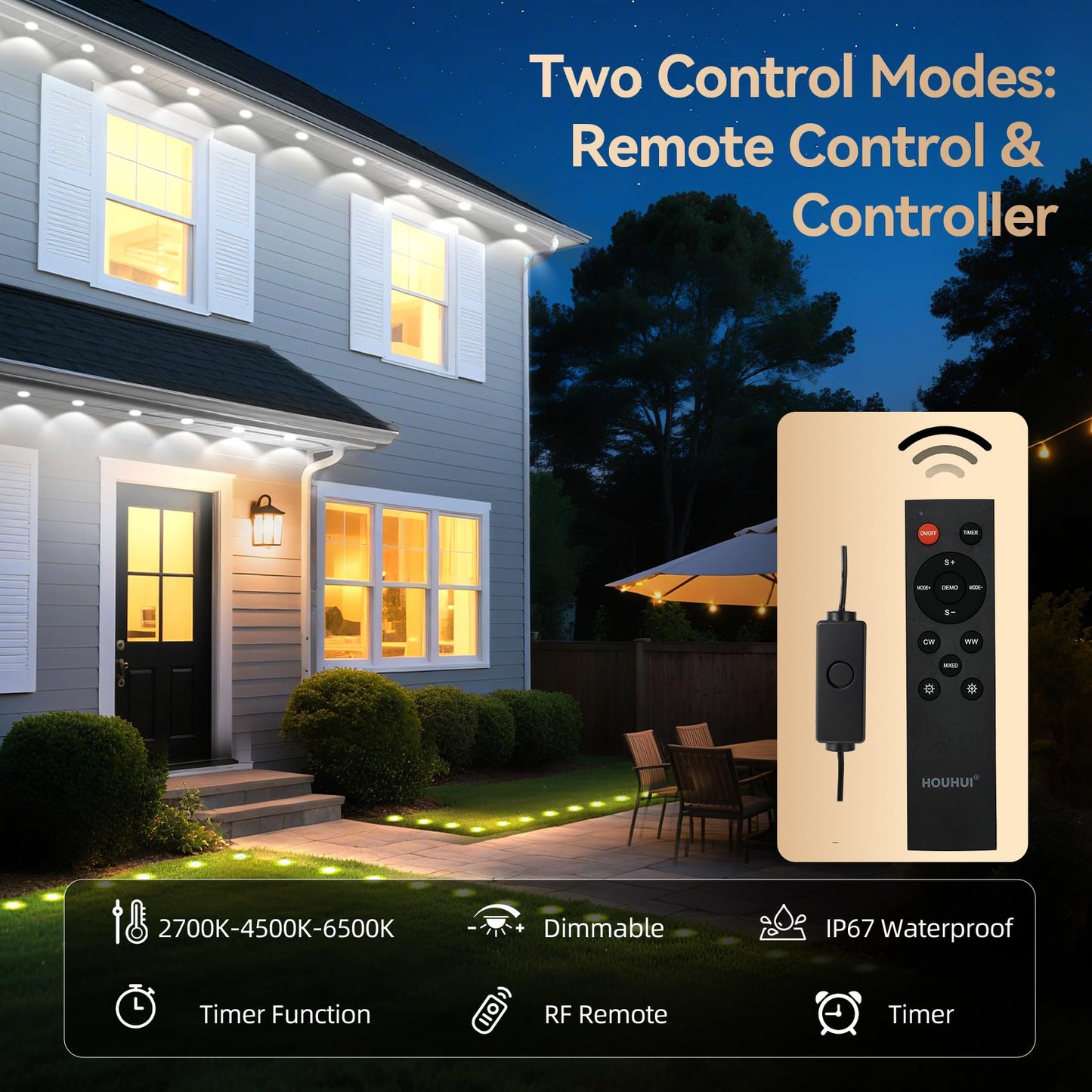 Permanent Outdoor Lights Warm to Cool White, 65.6Ft 2700K-6500K White 2-in-1 Eaves & Ground Stakes LED Lights IP67 Waterproof with Remote, Outside