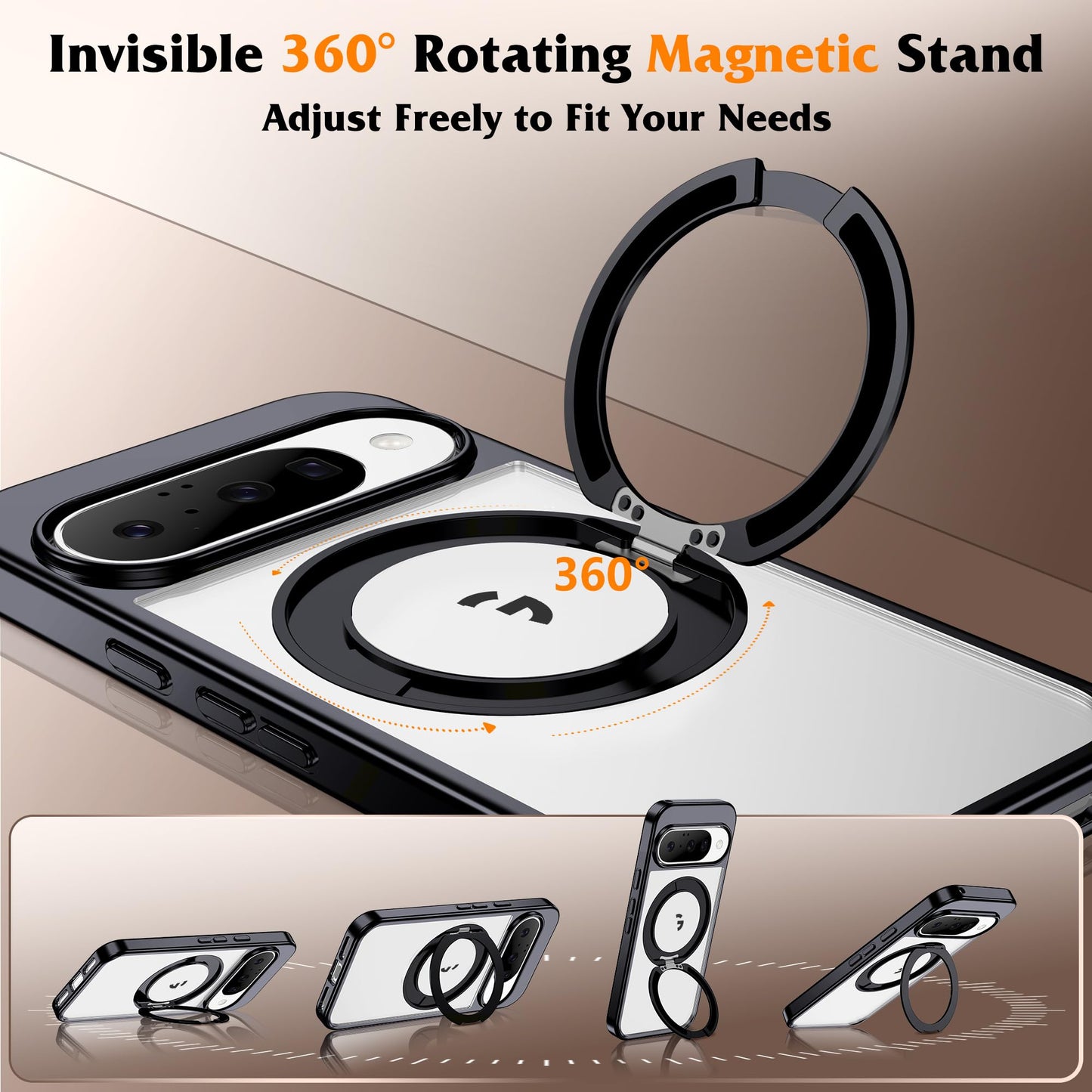 AmoraAqua Compatible with Clear Google Pixel 9 Case & Pixel 9 Pro Case 6.3'' with 360° Magnetic Ring Stand [Plating Phone Cases],Black