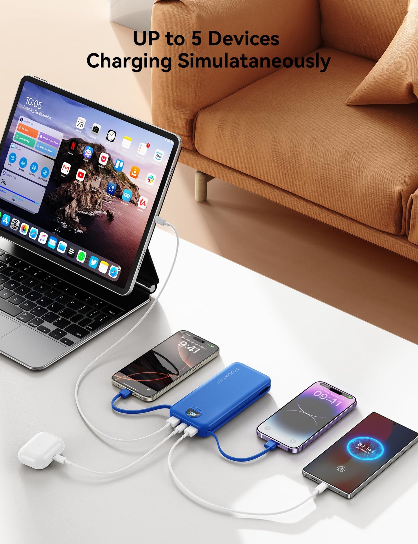 10000mAh Ultra-Portable-Charger-Power-Bank with Built in Cables&AC Wall Plug, PD20W USB-C Fast Charging Cell Phone Charger Battery Pack,LED Display