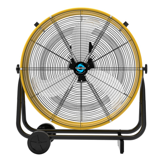 Tornado - 24 Inch High Velocity Heavy Duty Tilt Metal Drum Fan Yellow Commercial, Industrial Use 3 Speed 7700 CFM 1/3 HP 8 FT Cord ETL Safety Listed