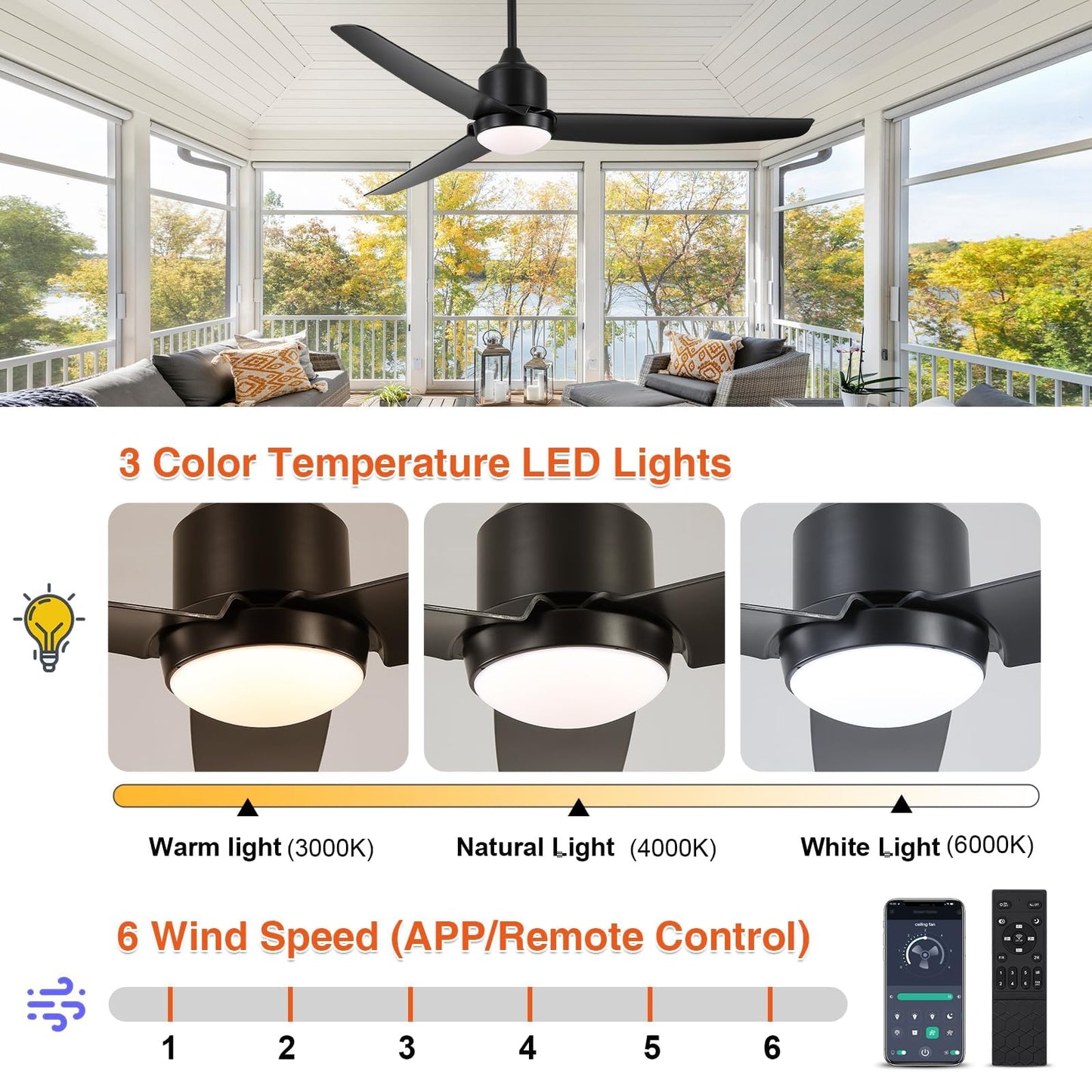 BZX Waterproof Outdoor Ceiling-Fan with Light - 52" Modern Ceiling Fans with 3 Colors LED Light, App & Remote Control, Quiet DC Motor, for Patios