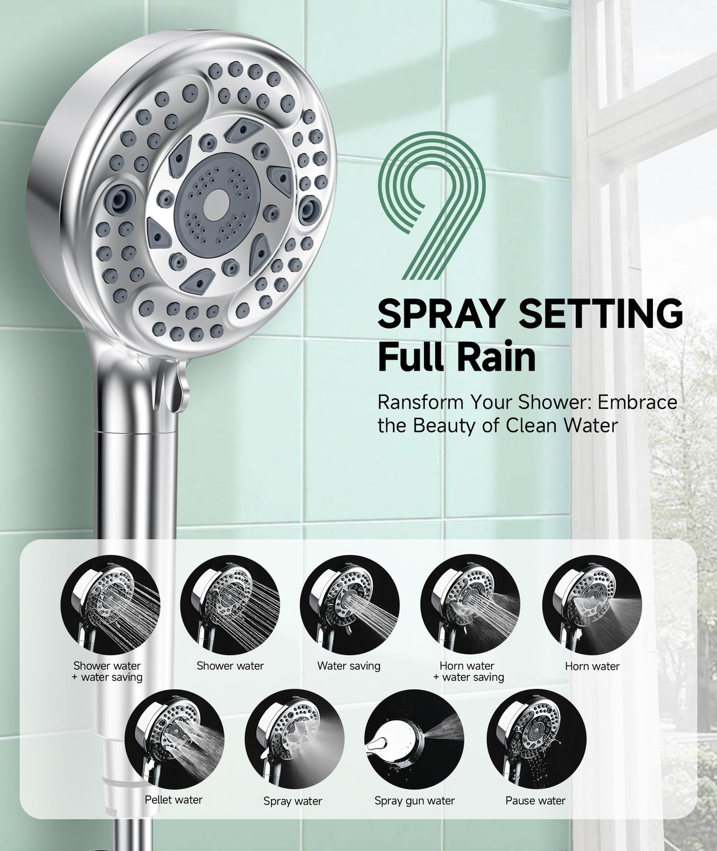 SunCleanse Filtered Shower Head – 9-Spray Handheld Detachable Head for Hard Water, Filters Chlorine, Improves Skin & Hair – Chrome