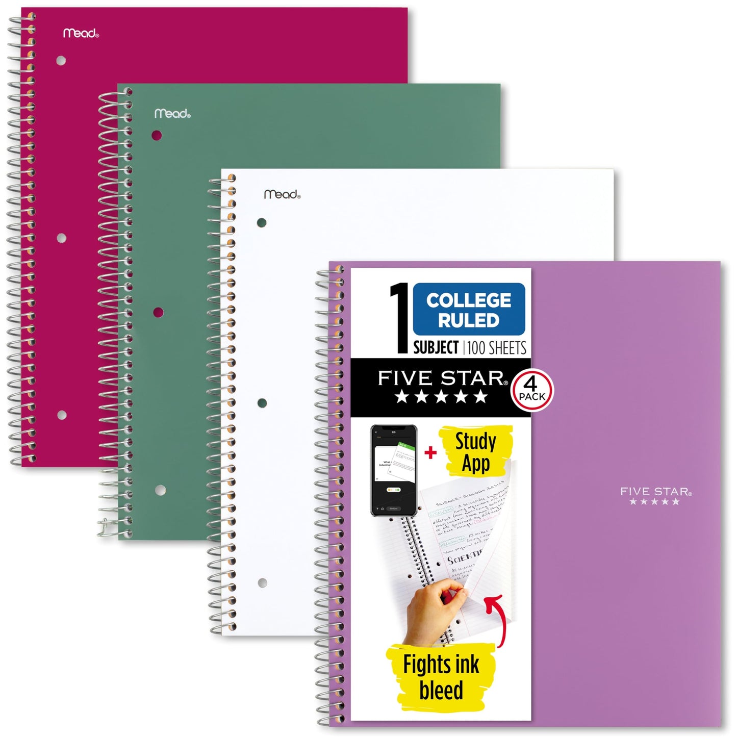 Five Star Spiral Notebook + Study App, 100 Sheets, 1 Subject, College Ruled Paper, Fights Ink Bleed, Water Resistant Cover, 820337-ECM, Purple, Pink