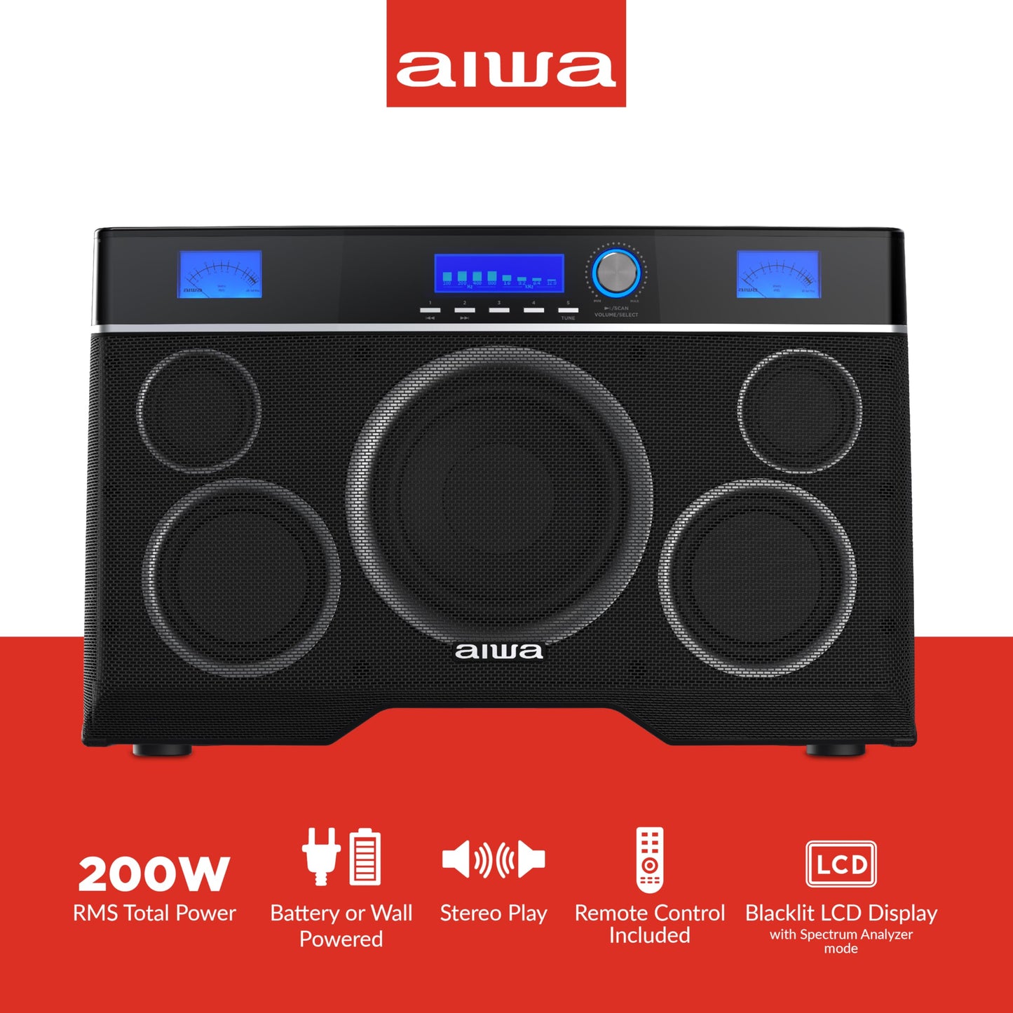 Aiwa Exos-10 Portable Bluetooth Speaker, 200W RMS Power, 6.5” Subwoofer, Deep Bass, Party Sync, Backlit Display, FM/BT/USB/AUX, Remote Control, Carry