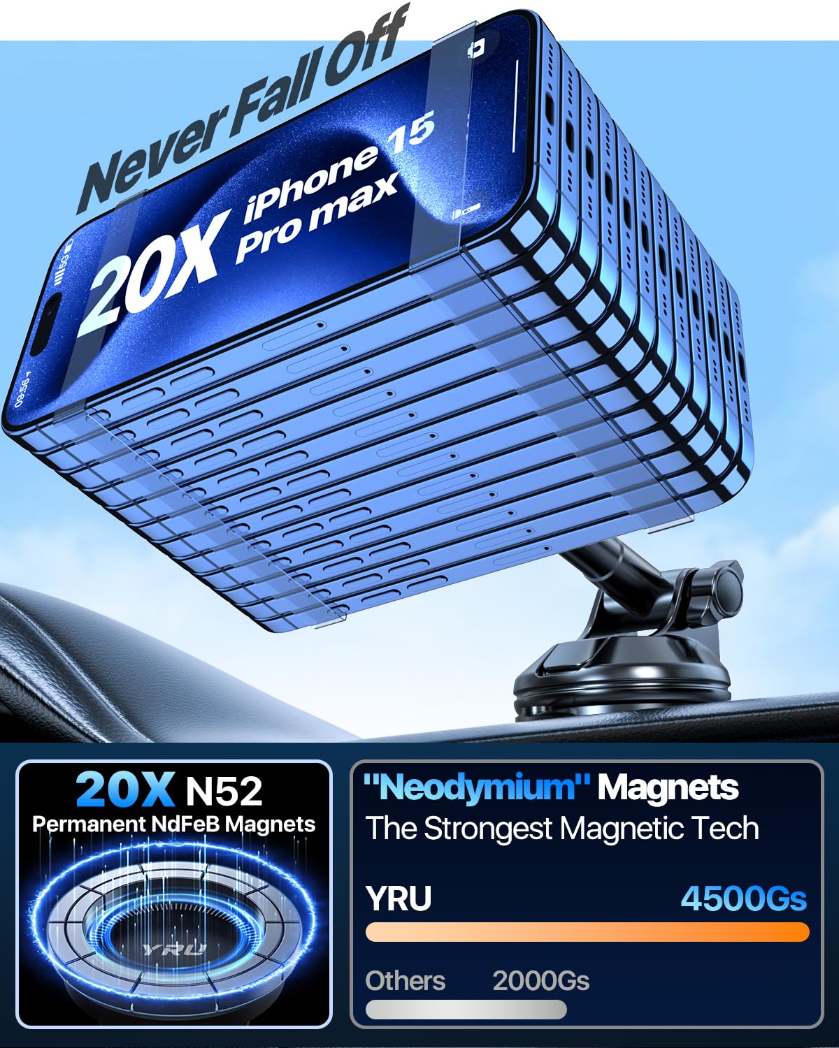 YRU Upgraded Magnetic Phone Holder Car?Patented & Super Magnet? for MagSafe Mount Dashboard Windshield Vent Magnet Phone Cradle Stand for iPhone 17 16