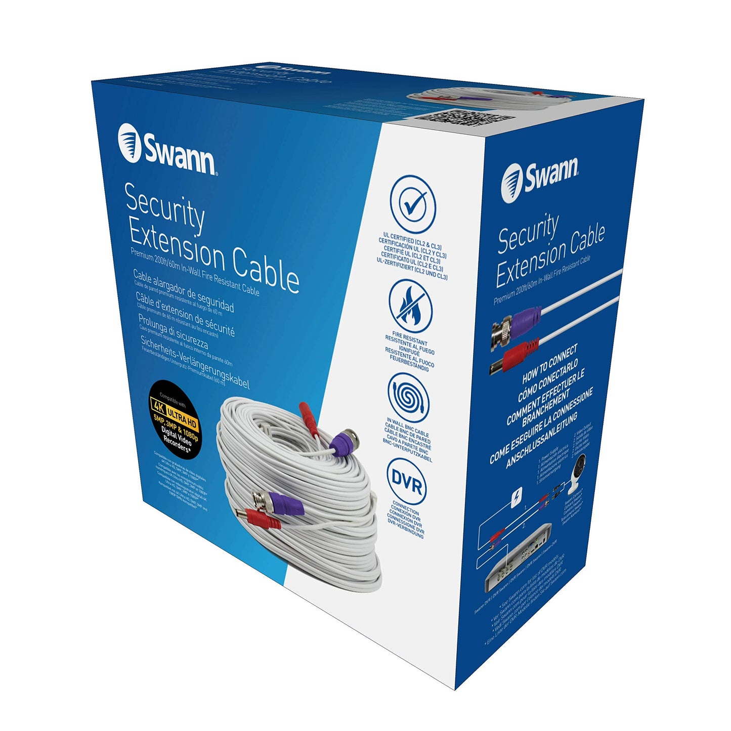 Swann 200ft Security Extension Cable with BNC Connectors and Fire Rated UL Rating for DVR Security Cameras and Systems, 1 Count (Pack of 1)